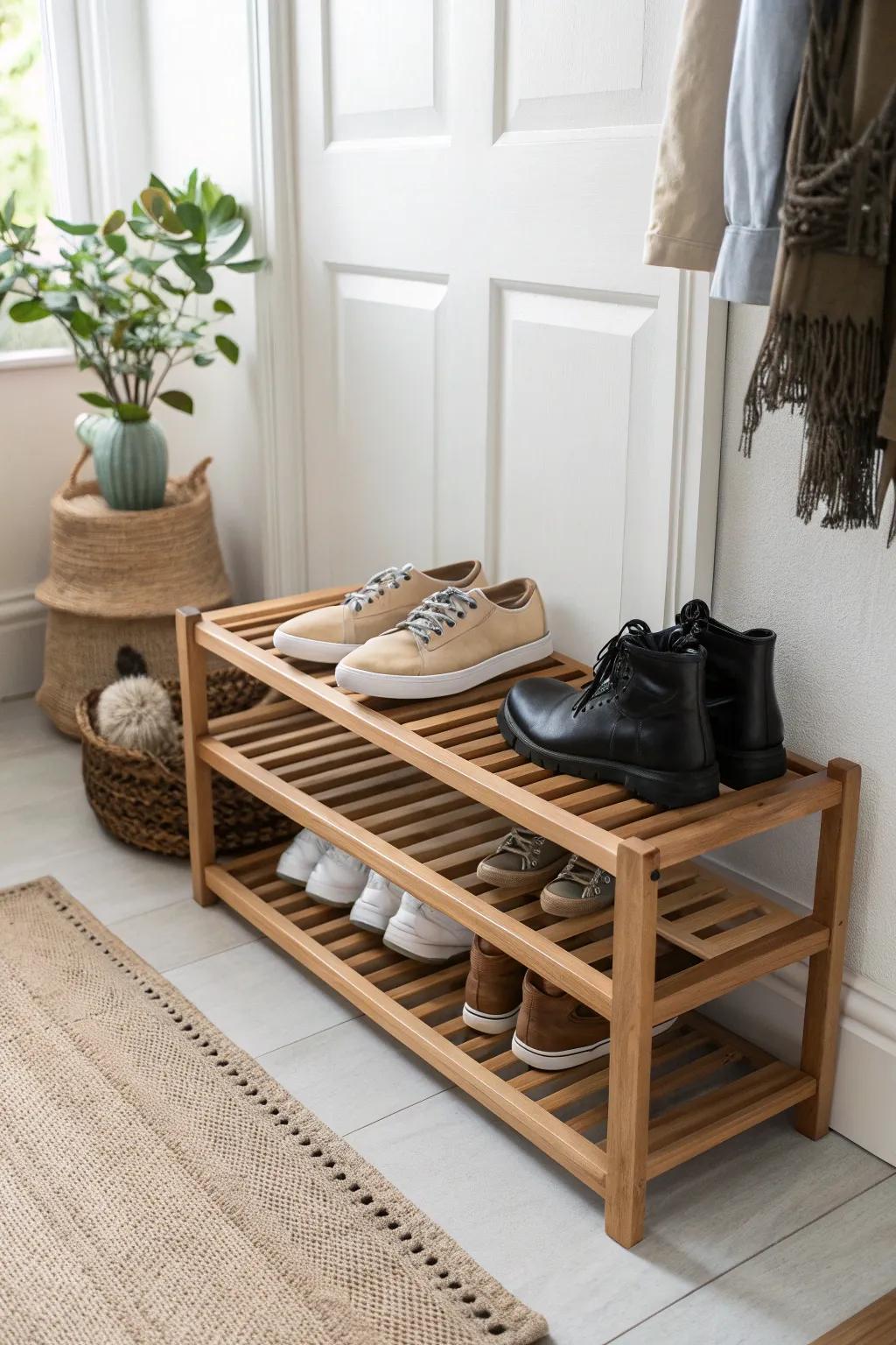 A low open shoe rack keeps a one-week capsule tidy—minimal, airy, and clutter-free.