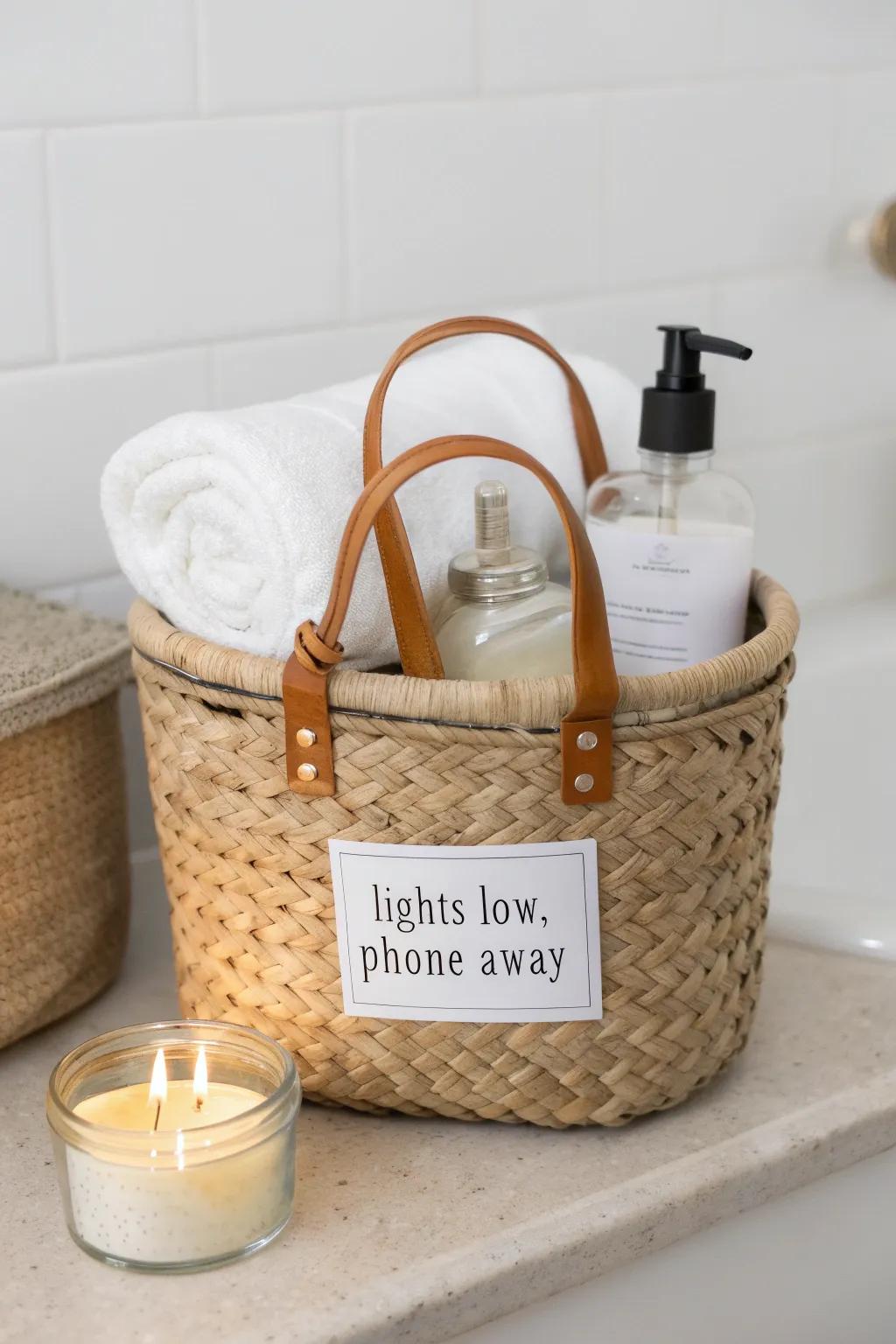 Spa night-in hamper: candle, bath soak, lotion & towel—plus a luxe “phone away” note.