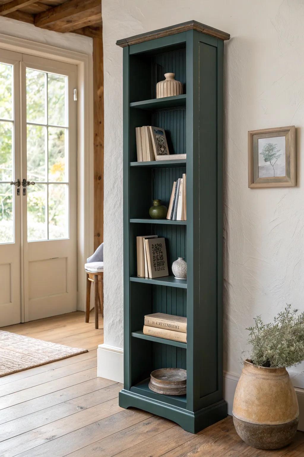 A deep moody paint color turns a simple bookcase into a built-in-style statement.