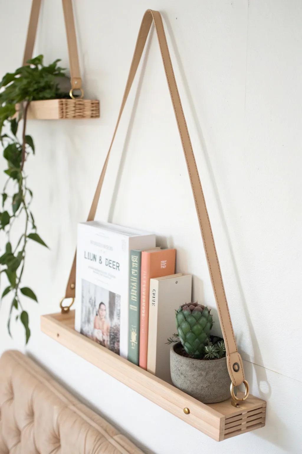 A shallow hanging picture ledge turns book covers into wall art—perfect for tiny rooms.