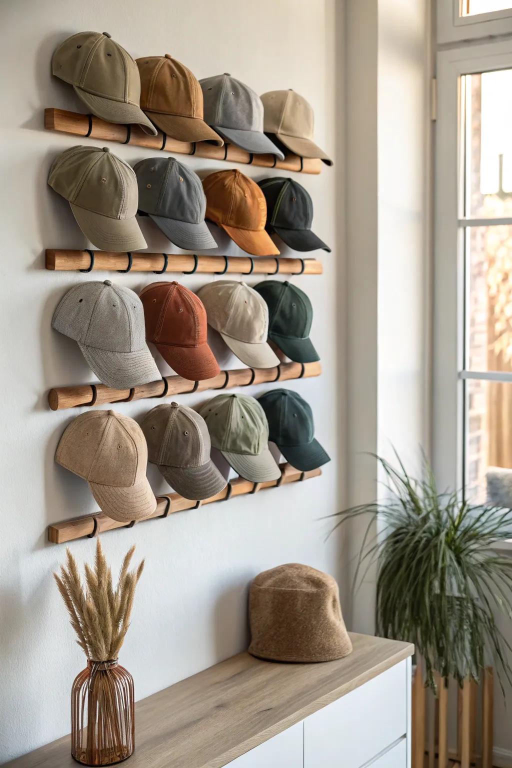A crisp grid of neutral baseball caps on oak pegs—collection-worthy, never cluttered.