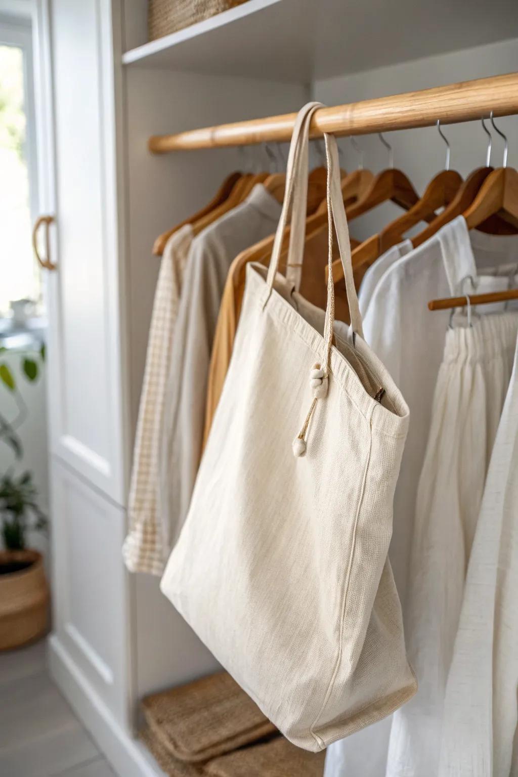 A linen laundry bag on the closet rod keeps dirty clothes hidden—without using floor space.