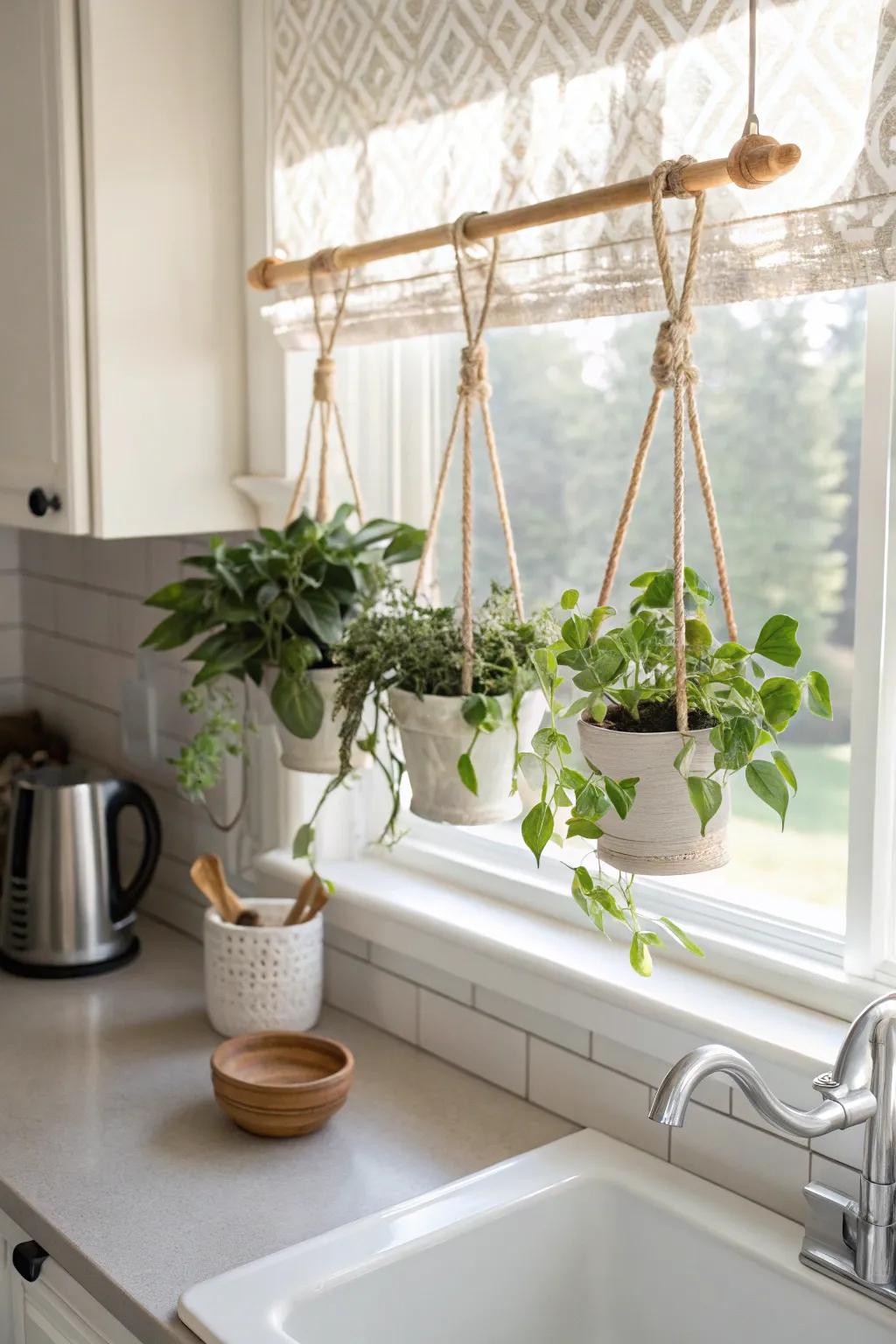 No-drill window tension rod plant bar—an airy mini hanging garden for small kitchens.