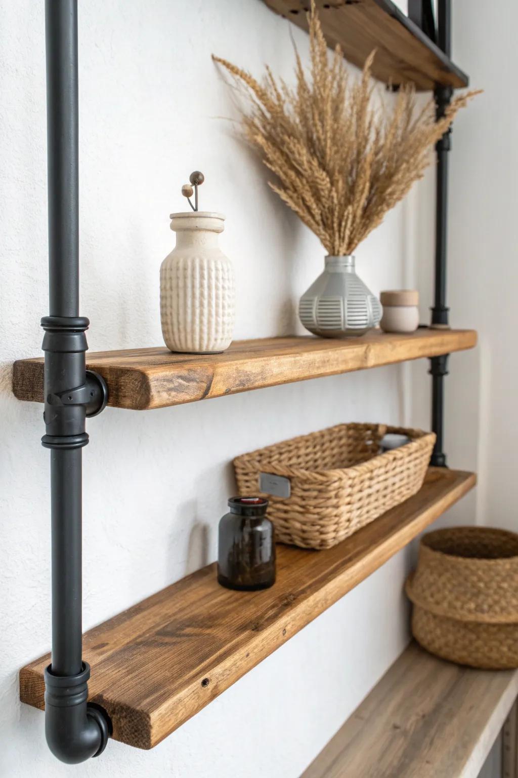 Dark iron pipe + warm oak hanging shelf—sturdy, minimal, and perfect for small entry nooks.