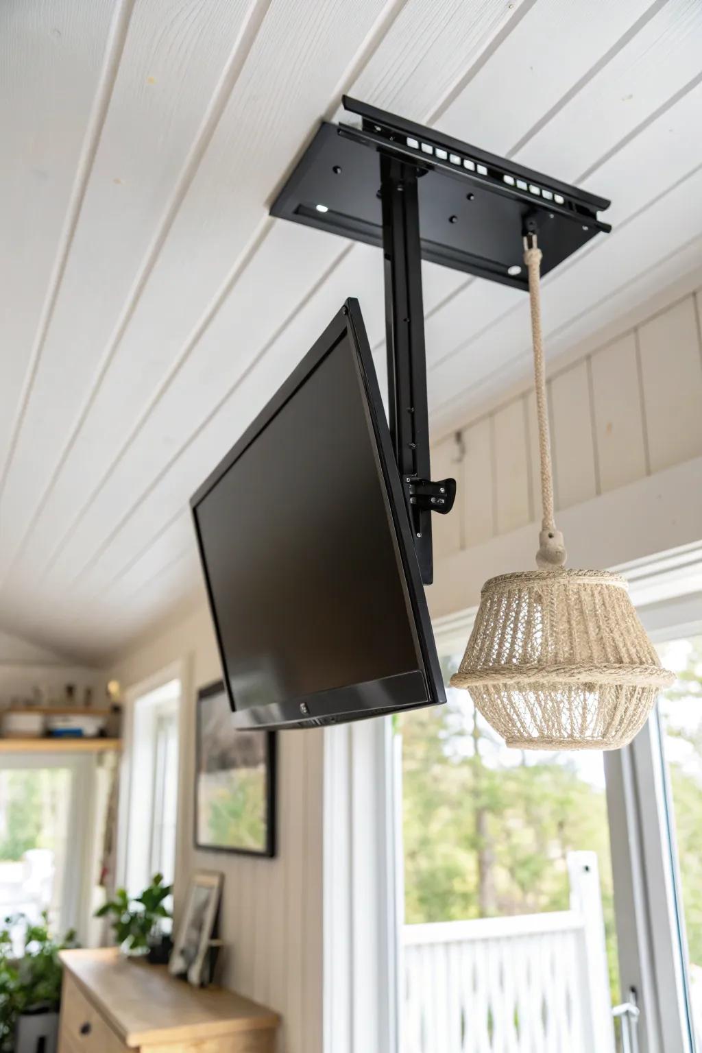 A full‑motion ceiling TV mount that swivels effortlessly for sofa‑to‑bed viewing.