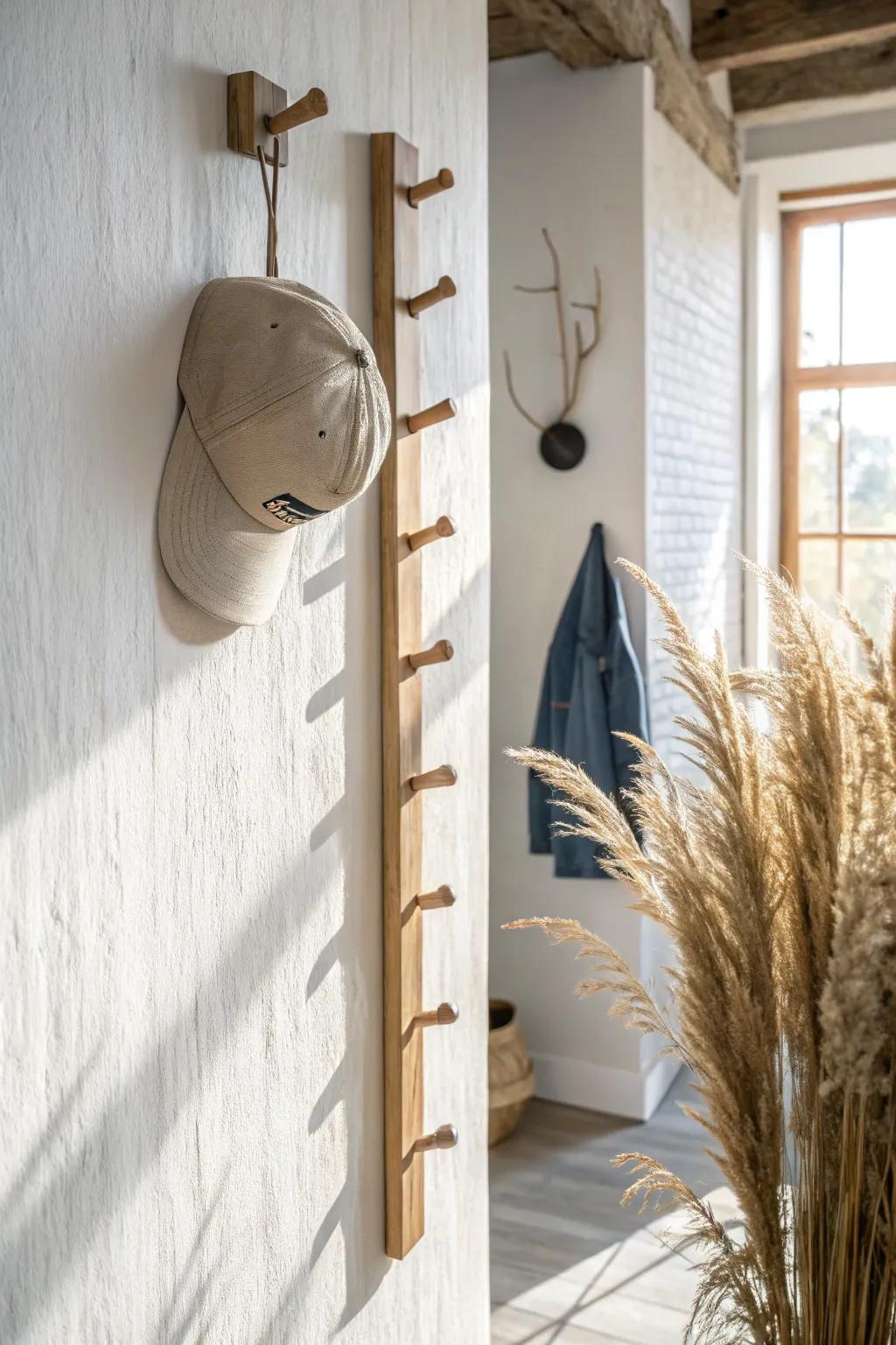 A calming vertical peg column that keeps your favorite baseball cap easy to grab in a tight hall.