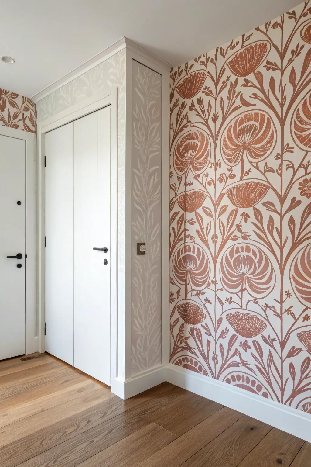 A bold wallpaper turns a plain closet door into a seamless, pattern-perfect hidden entry.