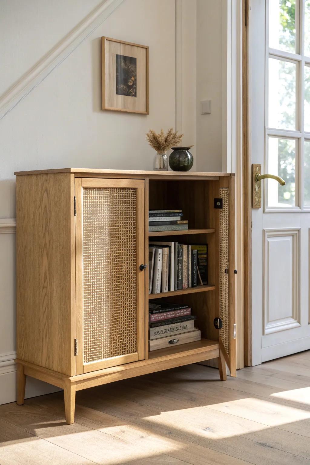 A closed console with sleek doors keeps DVDs hidden—grab them fast, clutter-free.