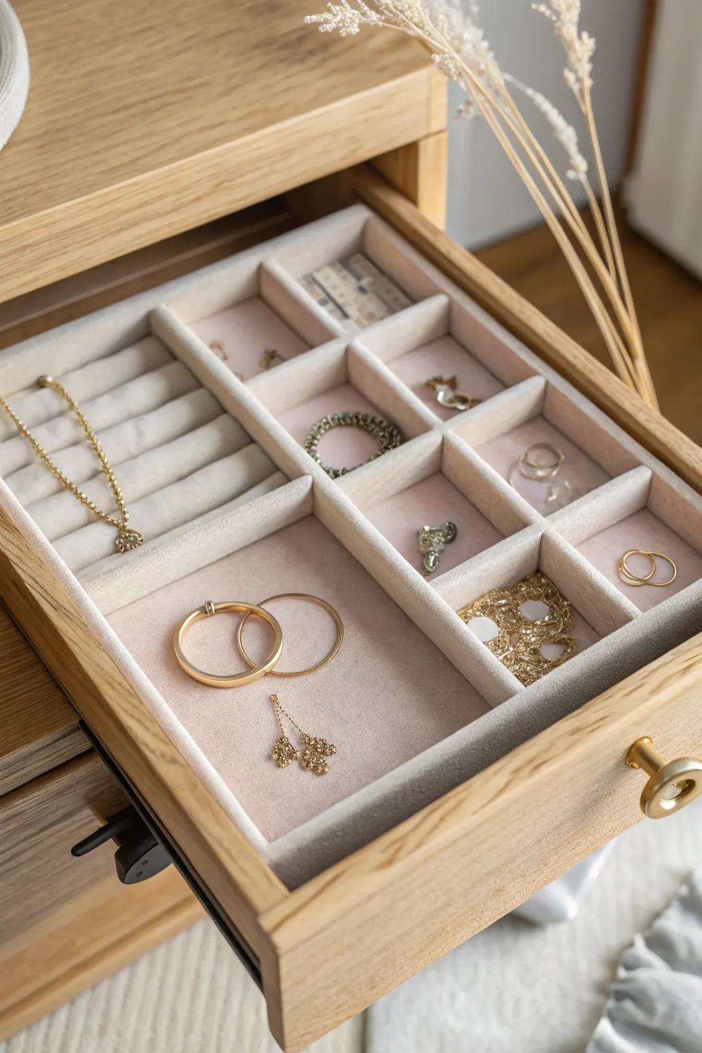 Tiered felt-lined drawer trays keep jewelry organized, protected, and beautifully hidden away.
