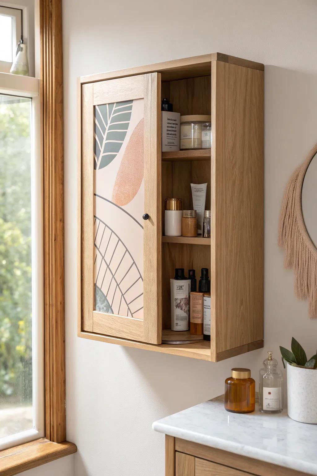 A framed art print that swings open to reveal sleek, hidden medicine storage—so chic and space-smart.