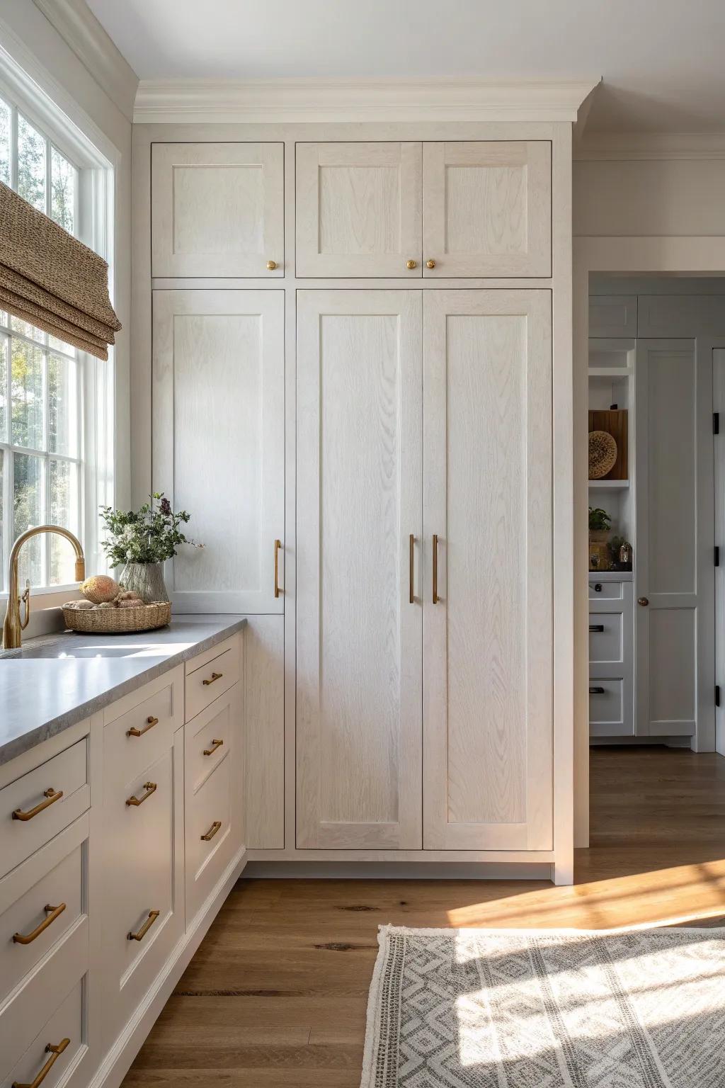 Matching pulls and molding make a hidden pantry disappear into your cabinetry—seamless and chic.