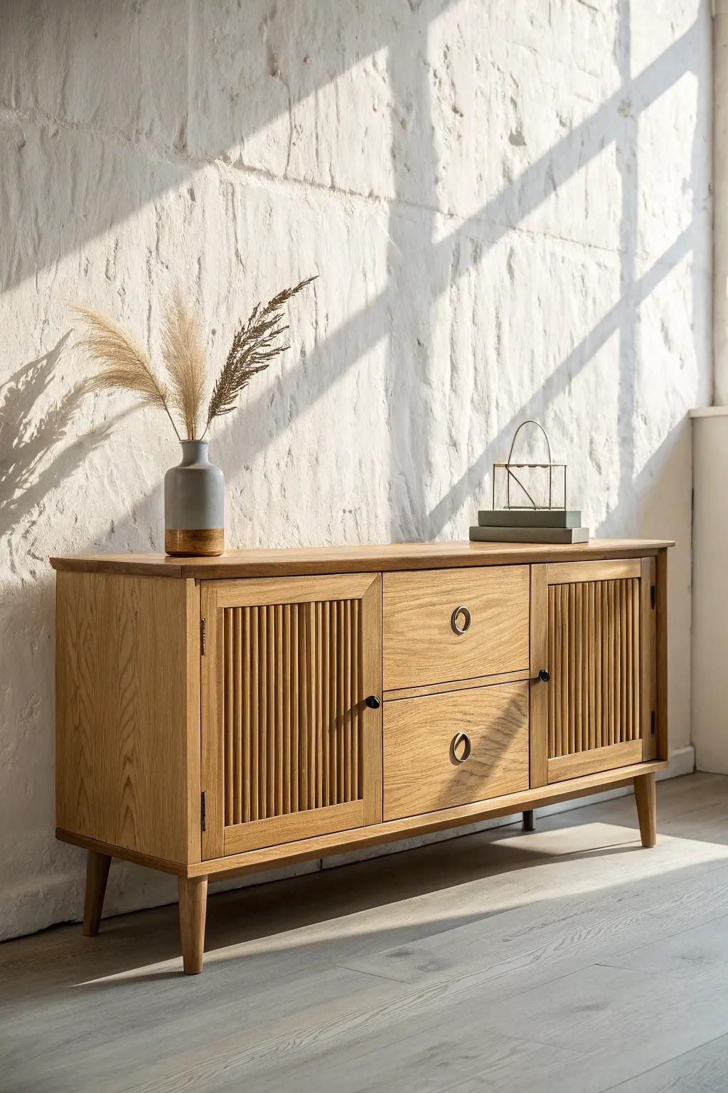 Closed-door media console: beautiful on the outside, toy chaos neatly hidden within.