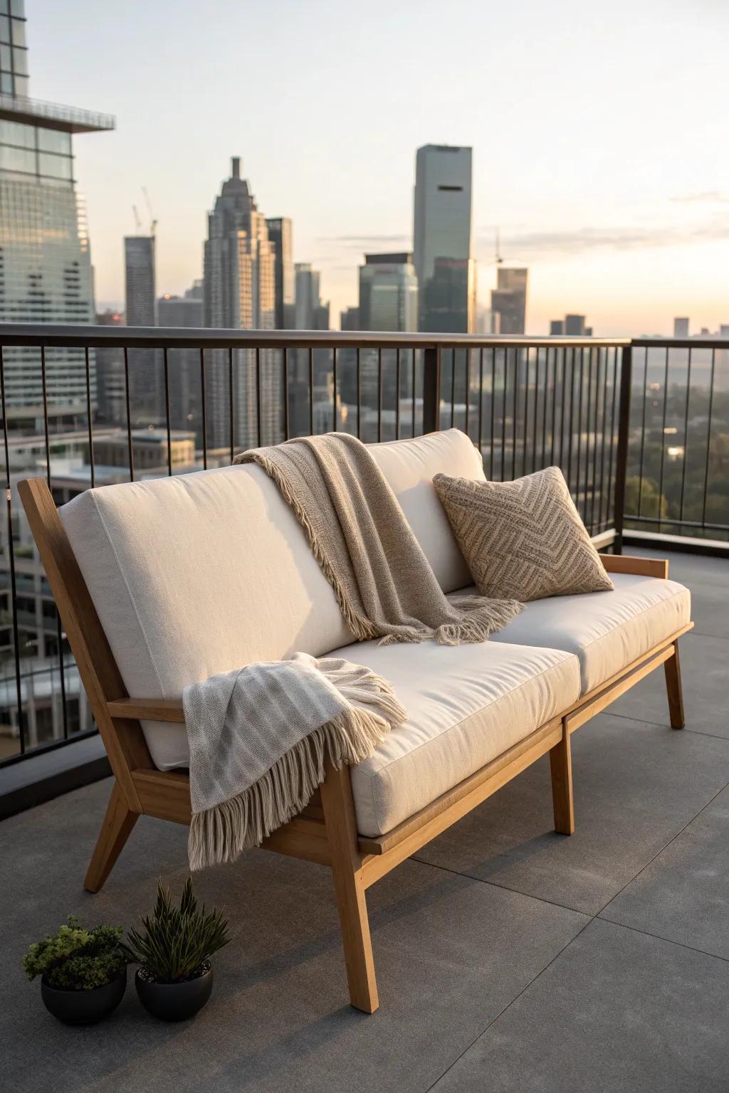 Angle a compact loveseat toward the skyline to turn a tiny high-rise balcony into a lounge.