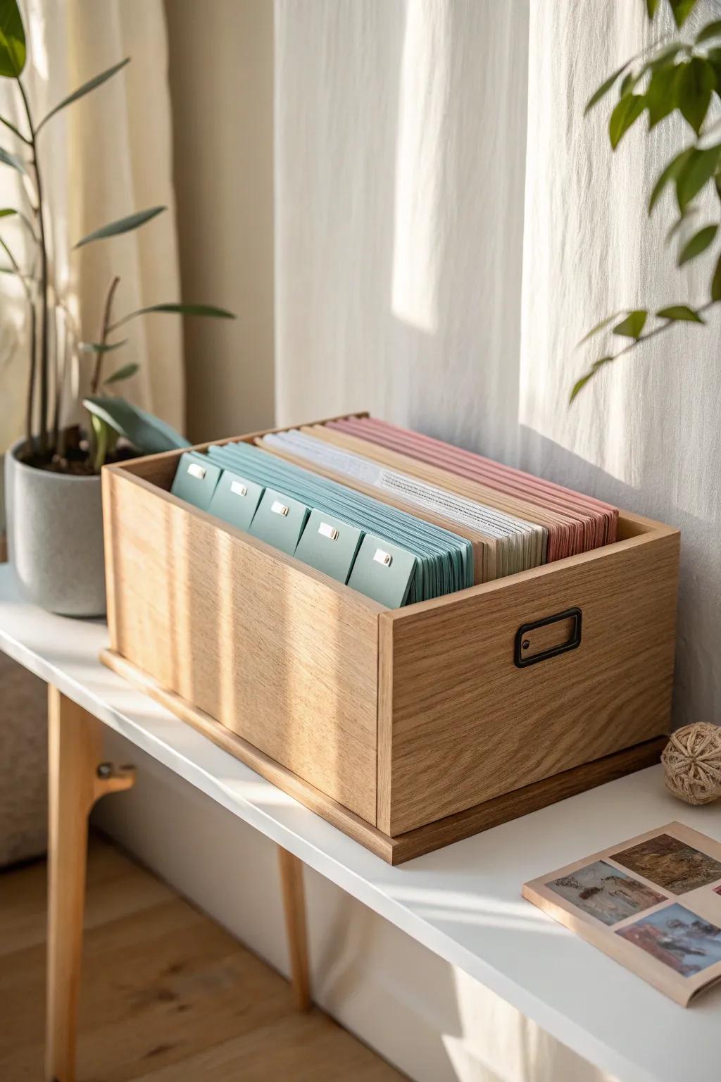 Color-coded labels turn one slim file box into a quick-scan system for small spaces.