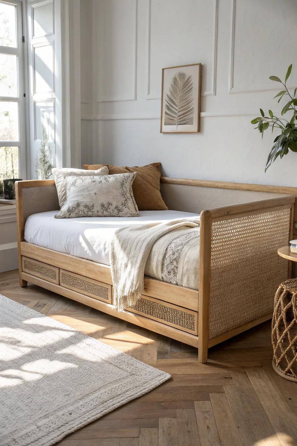 A sleek daybed with a pull-out trundle adds a second sleeper—without taking over your office.