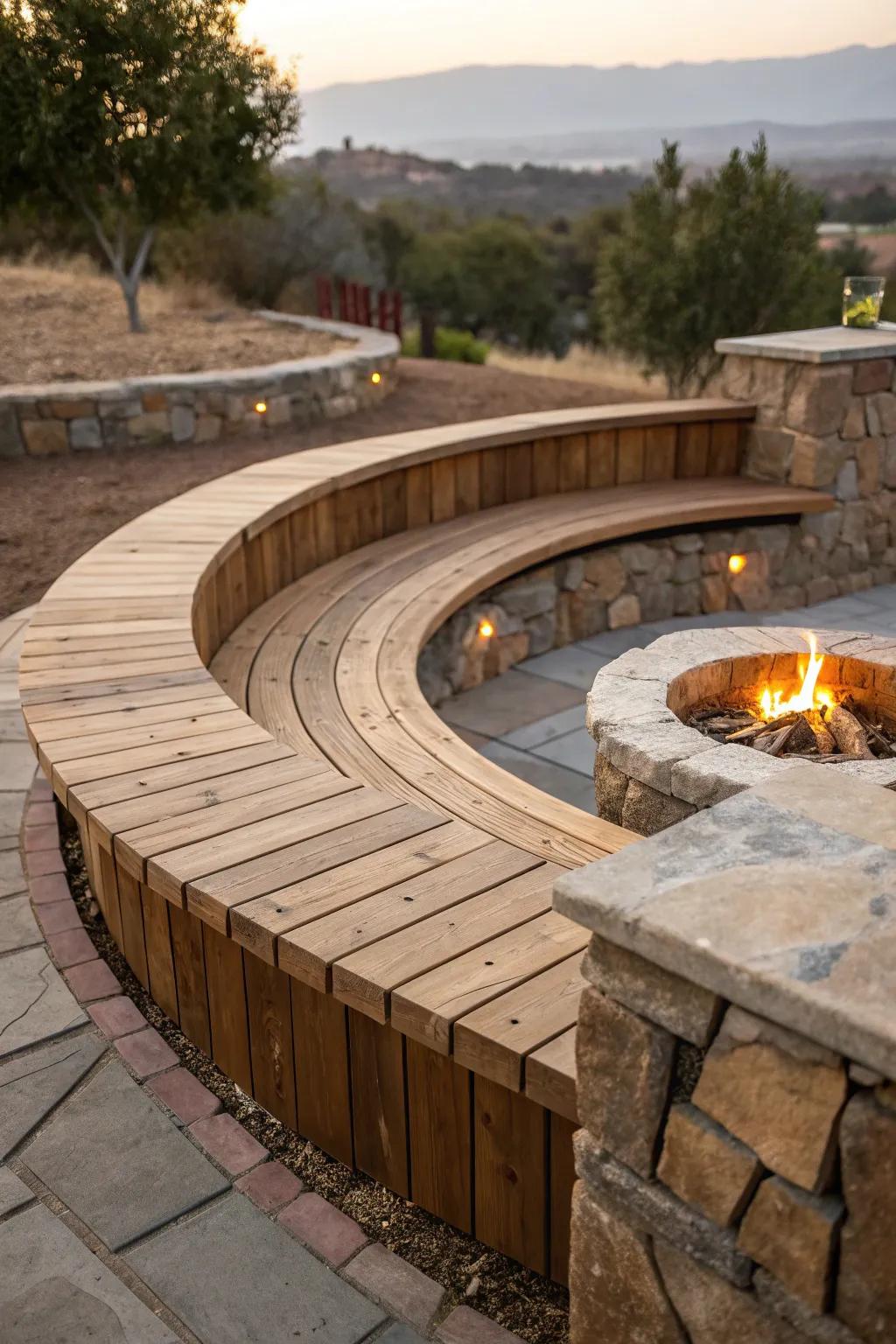 Embrace the warmth of craftsmanship with this stunning semicircular built-in bench, perfect for your fire pit gatherings.