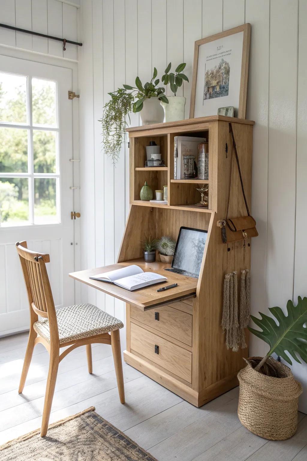 Turn an unused living-room corner into a calm homeschool nook with a fold-down desk.