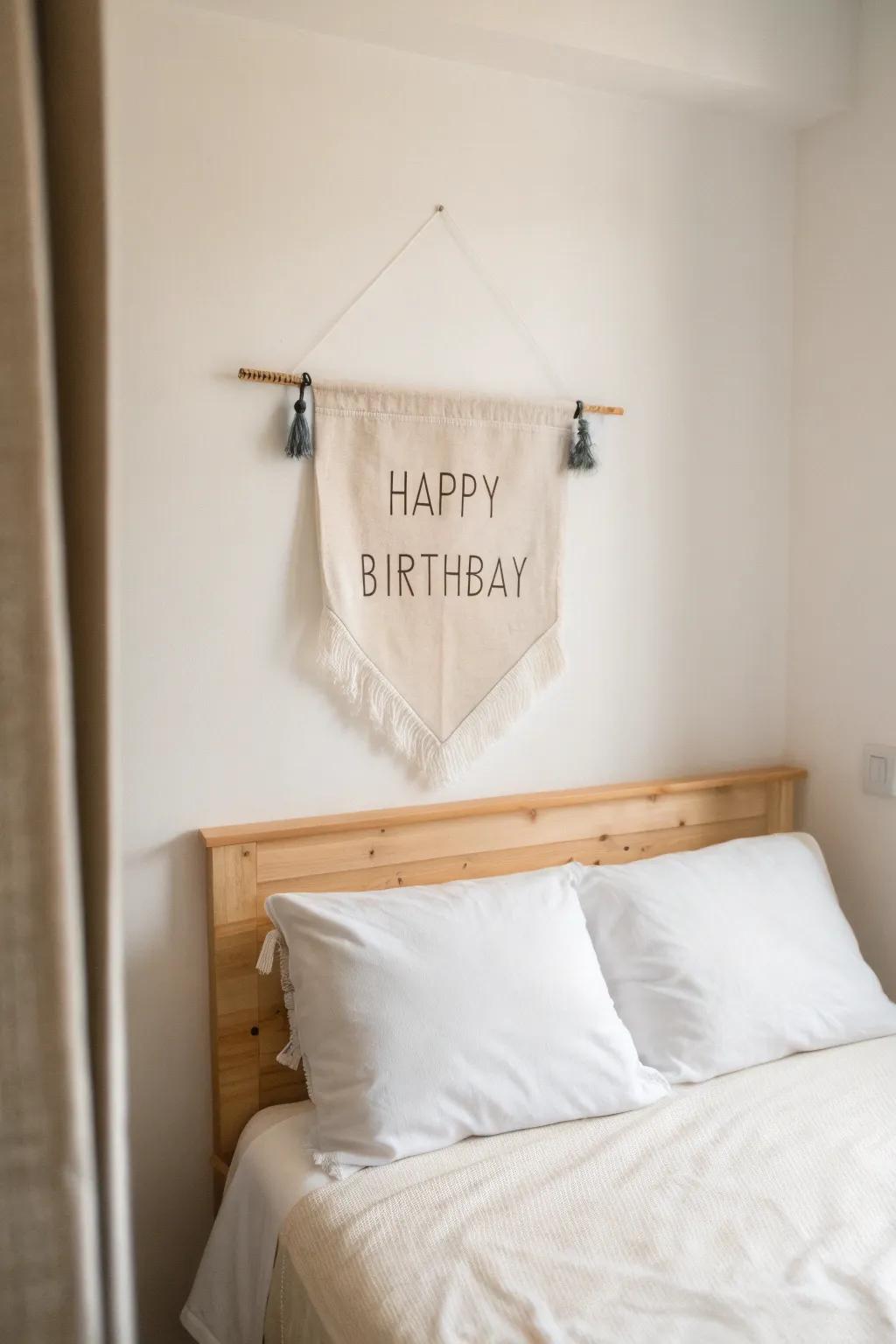 A simple Happy Birthday banner hung high over the bed creates an instant hotel-room backdrop.