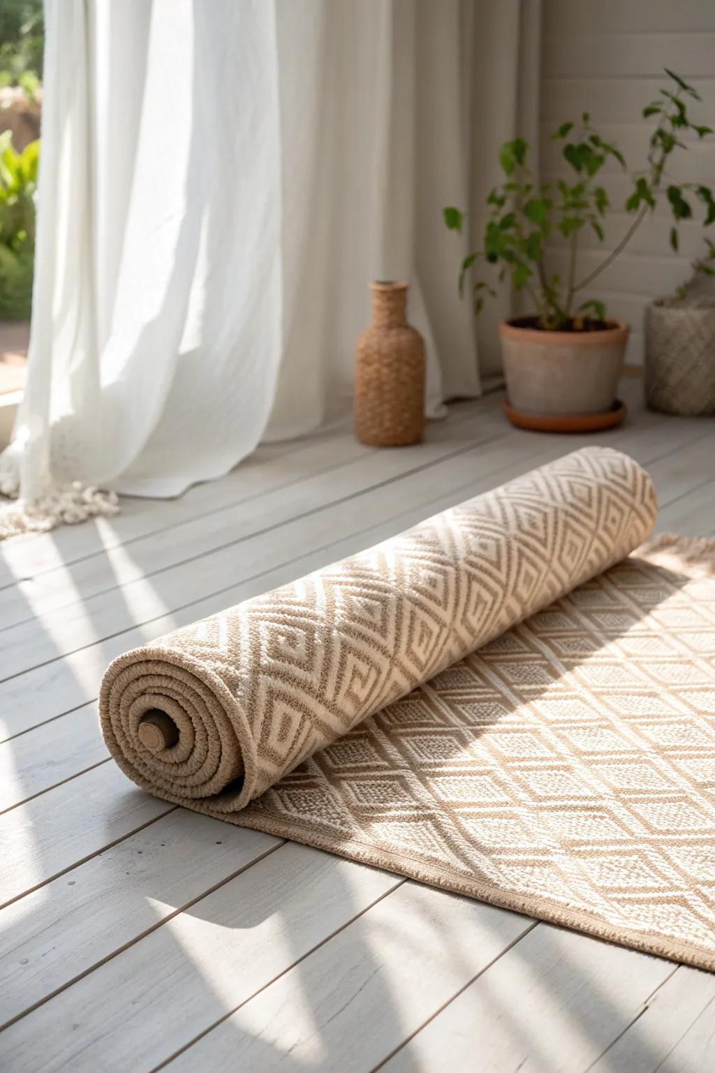 A cozy indoor-outdoor rug instantly turns a sunroom into a real room—stylish and practical.