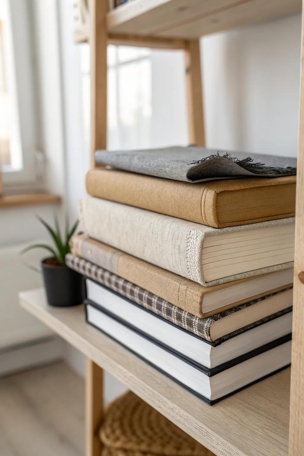 Use books first—this grounded stack adds instant library energy and makes shelves feel intentional.