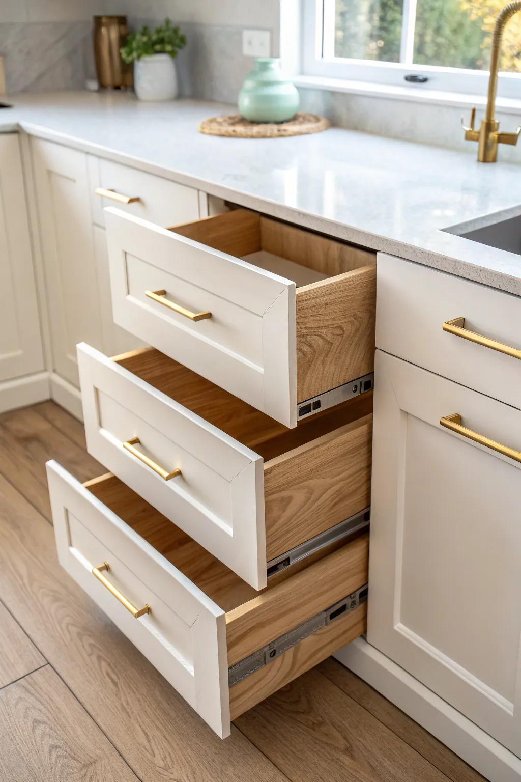 Corner drawers turn wasted cabinet corners into seamless, custom storage—beautifully minimal.