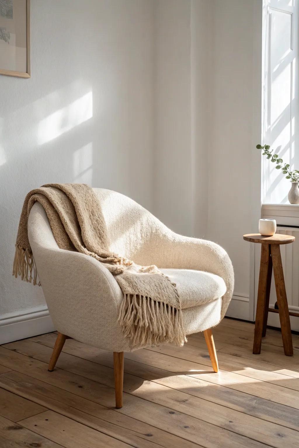 Turn that empty corner into a cozy reading nook with one sculptural chair and warm light.