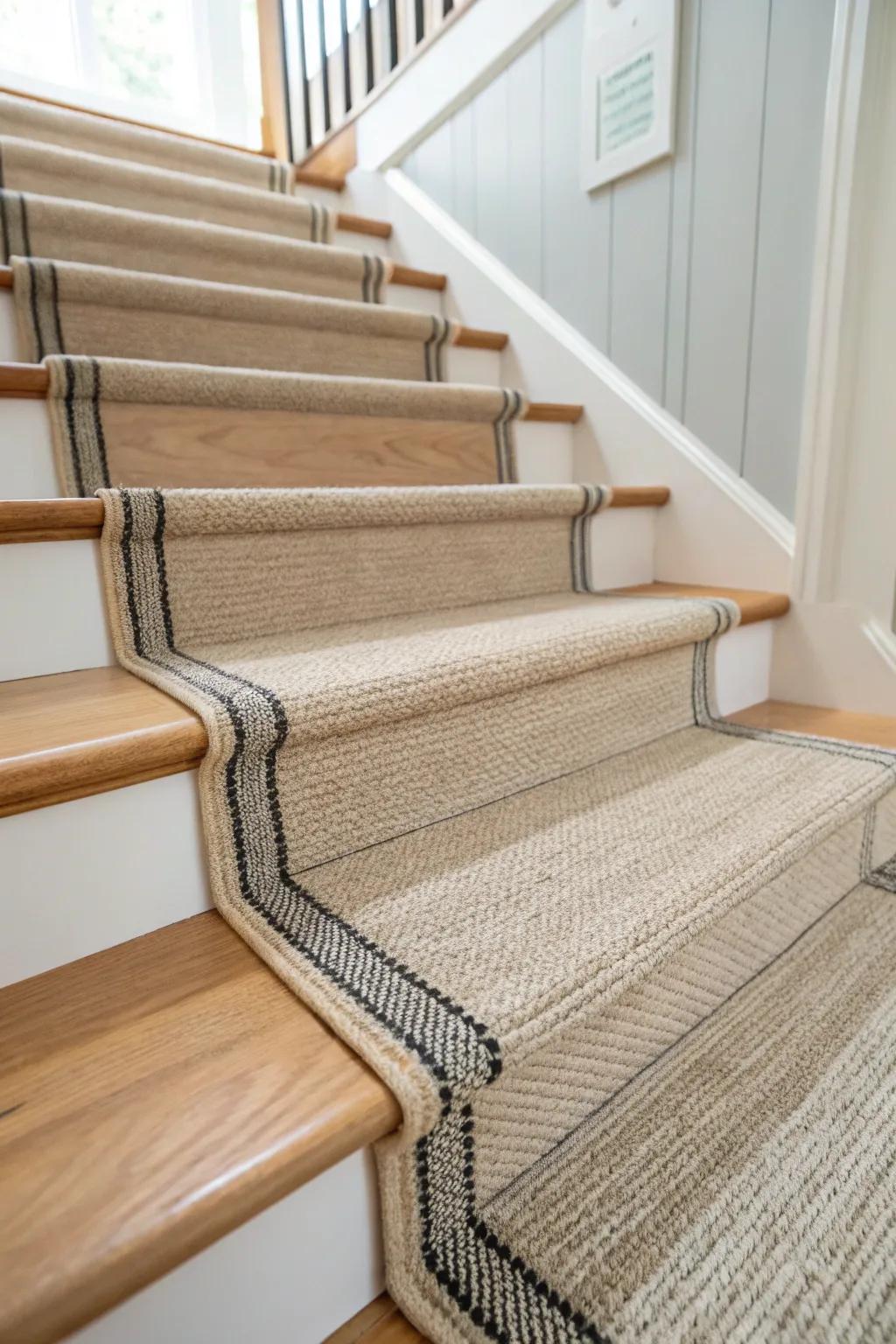 A neutral stair runner with a dark border adds softness, style, and hides scuffs beautifully.