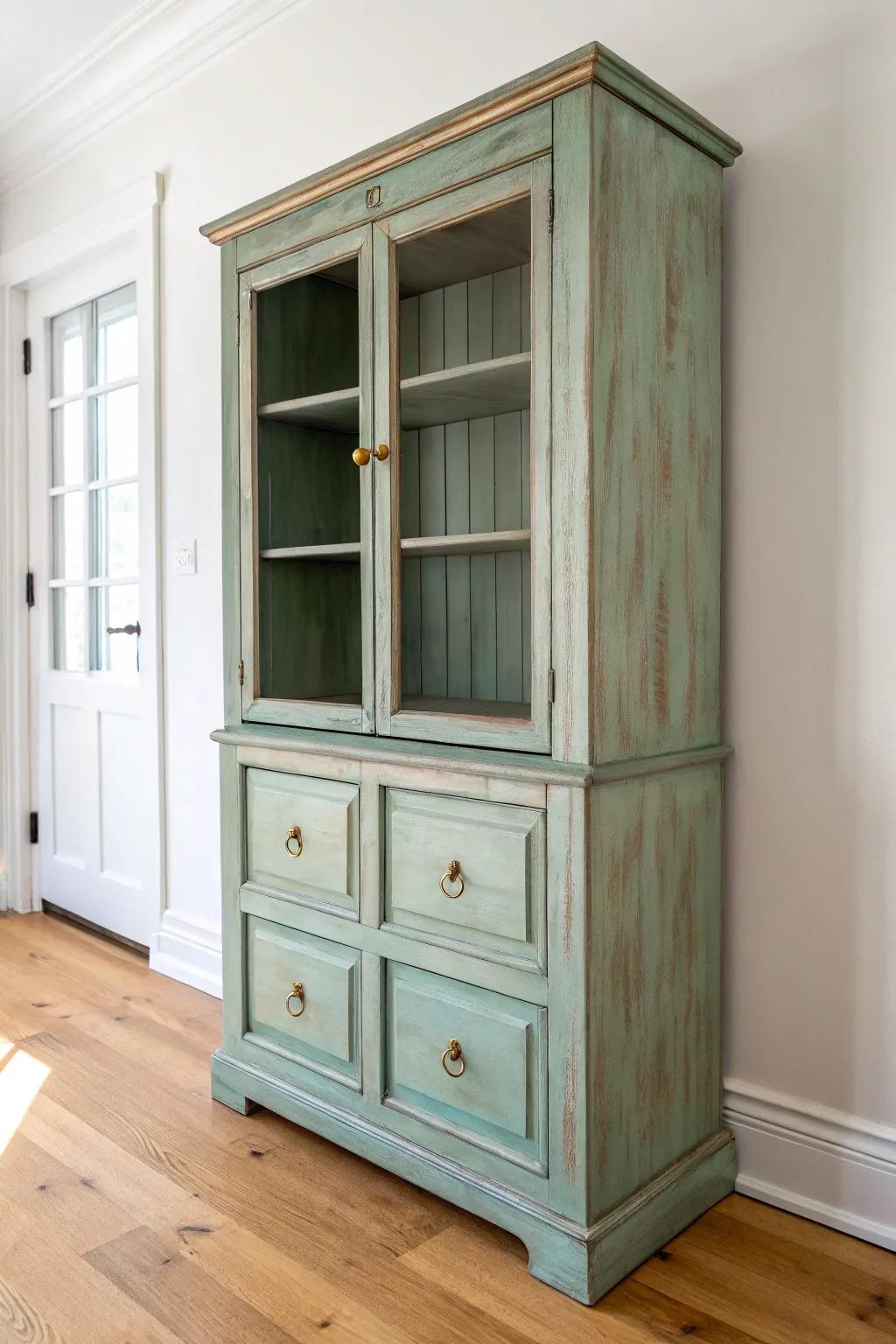 Muted green transforms an old hutch—fresh, cozy, and perfectly calm for a small neutral space.