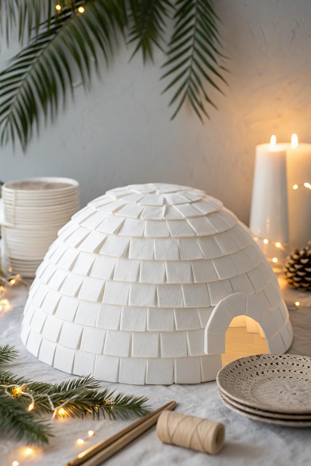 Transform your space into an Arctic wonderland with this charming paper plate igloo craft.
