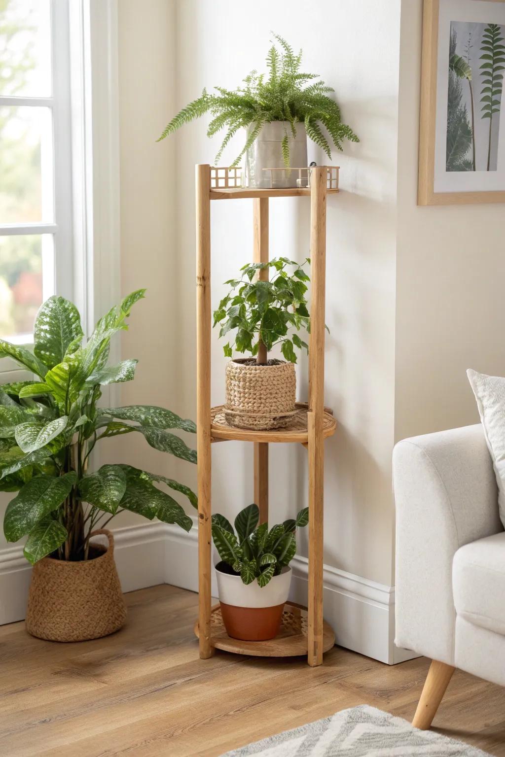 A slim tiered plant stand turns one corner into a lush indoor garden—no floor space lost.