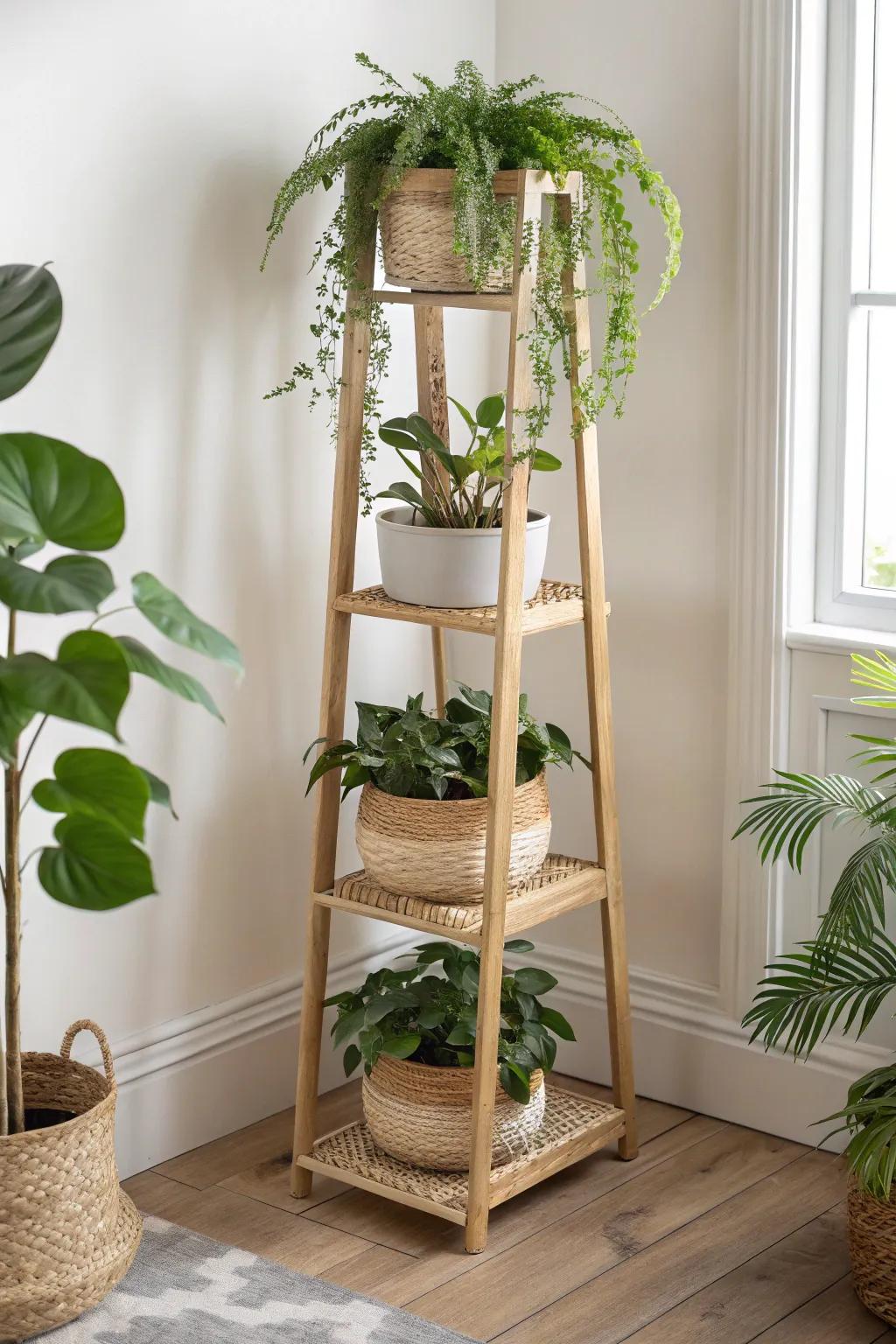 Create jungle depth in a tiny corner with a sleek tiered stand and layered greens.