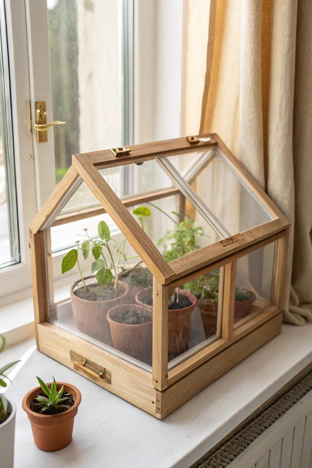 A window‑sill mini greenhouse to keep seedlings warm and humid—minimal, pretty, and space‑smart.