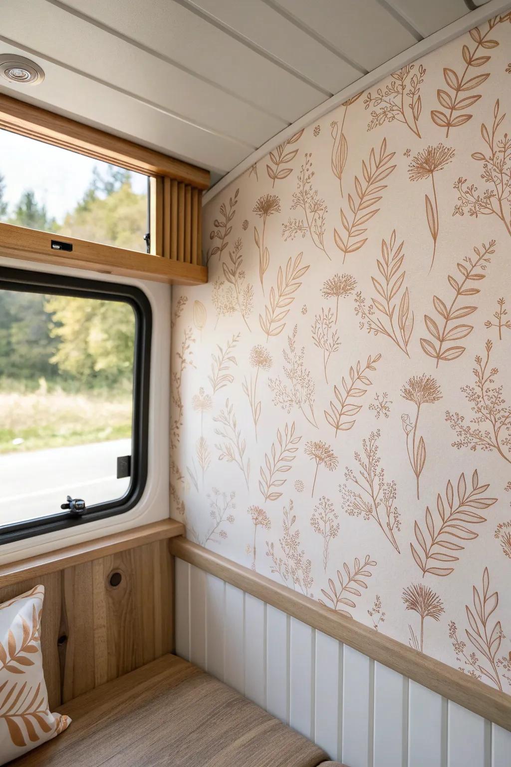 One peel-and-stick wallpaper panel behind the dinette instantly elevates a small camper.