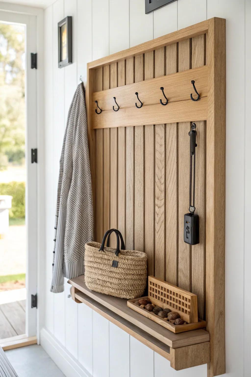 A tiny entryway slat wall drop zone with hooks and a slim shelf to stop the shoe pile spiral.