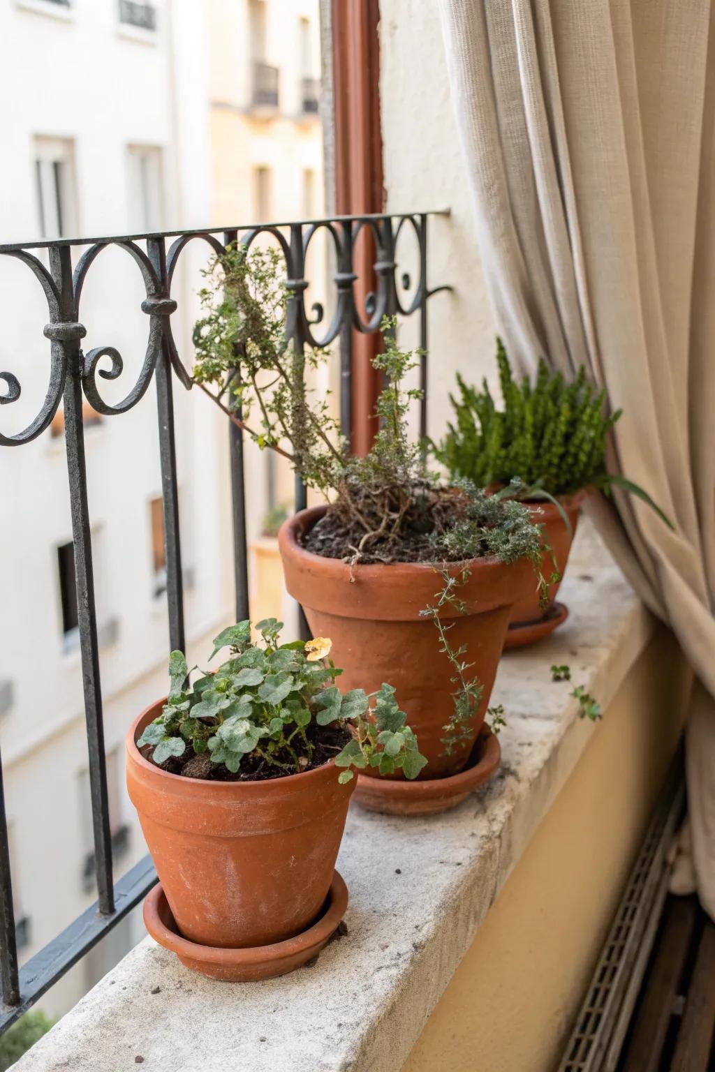 Three terracotta pots on a tiny Juliet ledge—cozy, collected, and never cluttered.