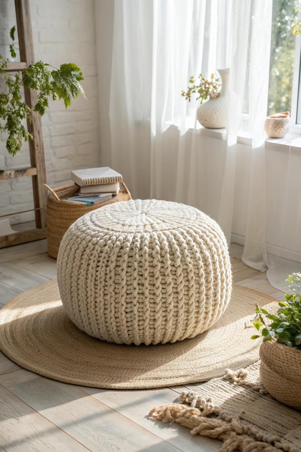 Elevate your space with the perfect blend of comfort and style: a jumbo yarn pouf that's both chic and cozy.