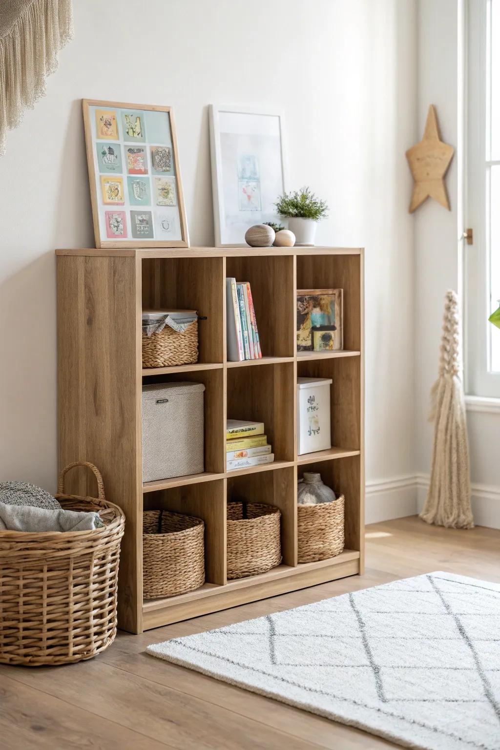 A cube shelf that mixes storybooks and woven baskets—pretty, tidy storage for small spaces.