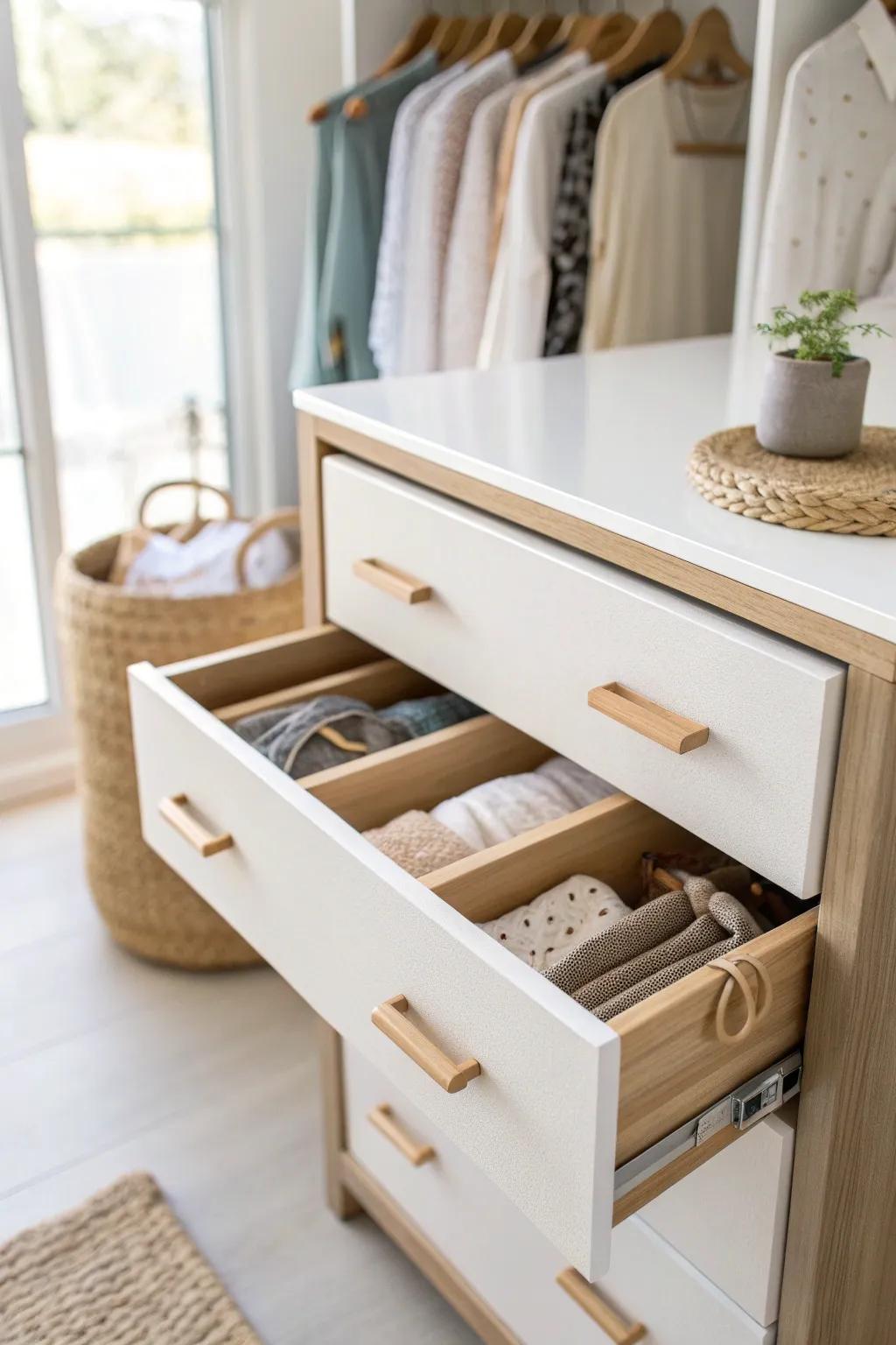 Swap one hanging section for drawers—tiny socks and undies stay sorted and stress-free.