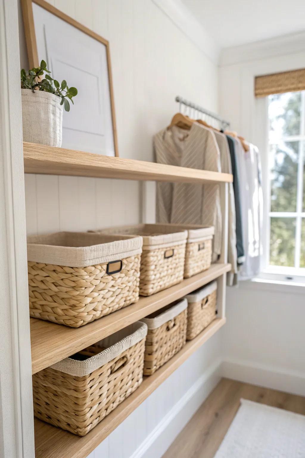 A long top shelf with matching bins keeps kids’ closets calm and clutter-free every day.