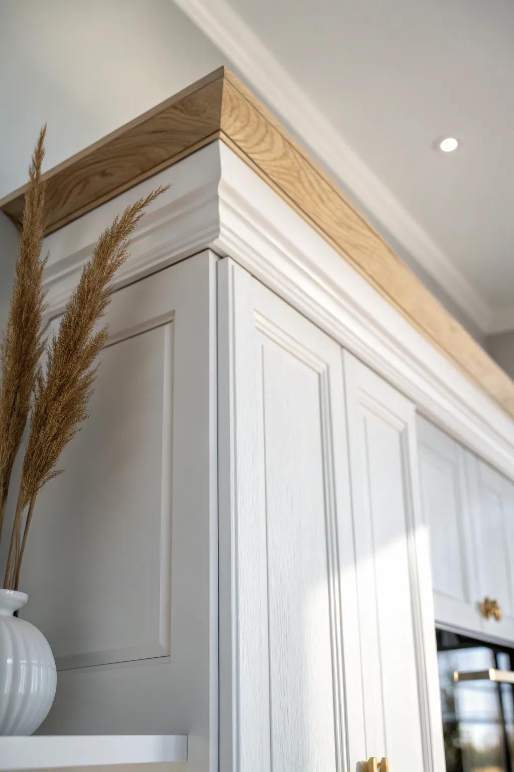 Chunky crown molding makes cabinets look ceiling-high—an easy, high-end finish.