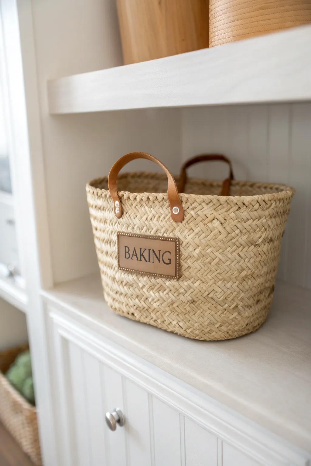 A labeled woven basket creates an instant “Baking” zone—simple, pretty, and easy to restock.