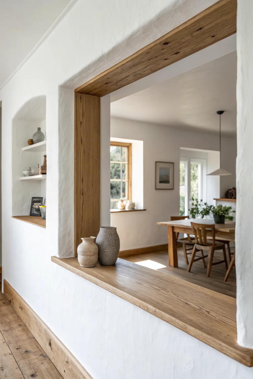 A clean rectangular pass-through cutout keeps a tiny kitchen open and conversation flowing.