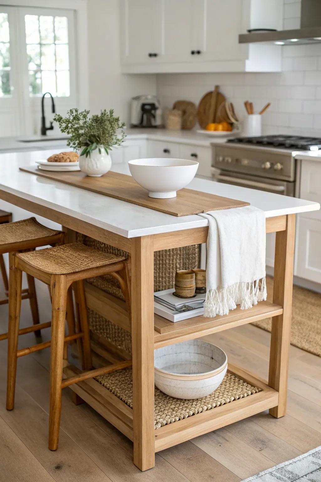 Split-level island: prep at counter height, dine comfortably at table height—small-space win.
