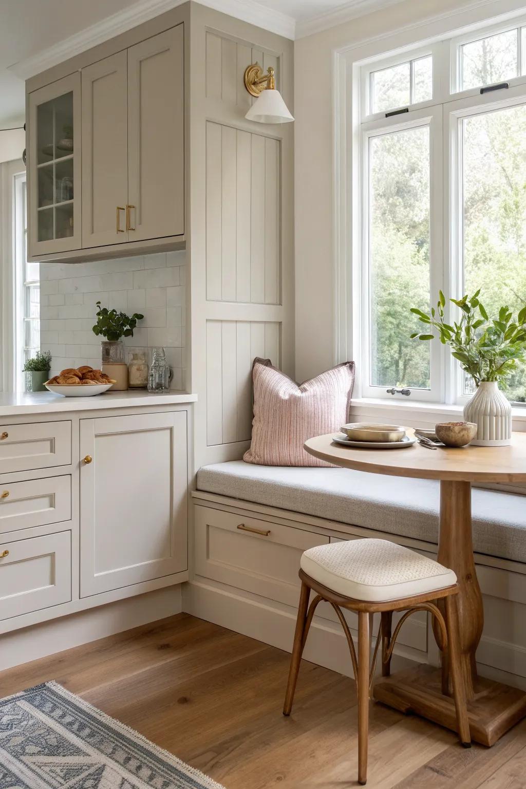A cabinet-matched built-in nook makes even a tiny alcove feel seamless and custom.