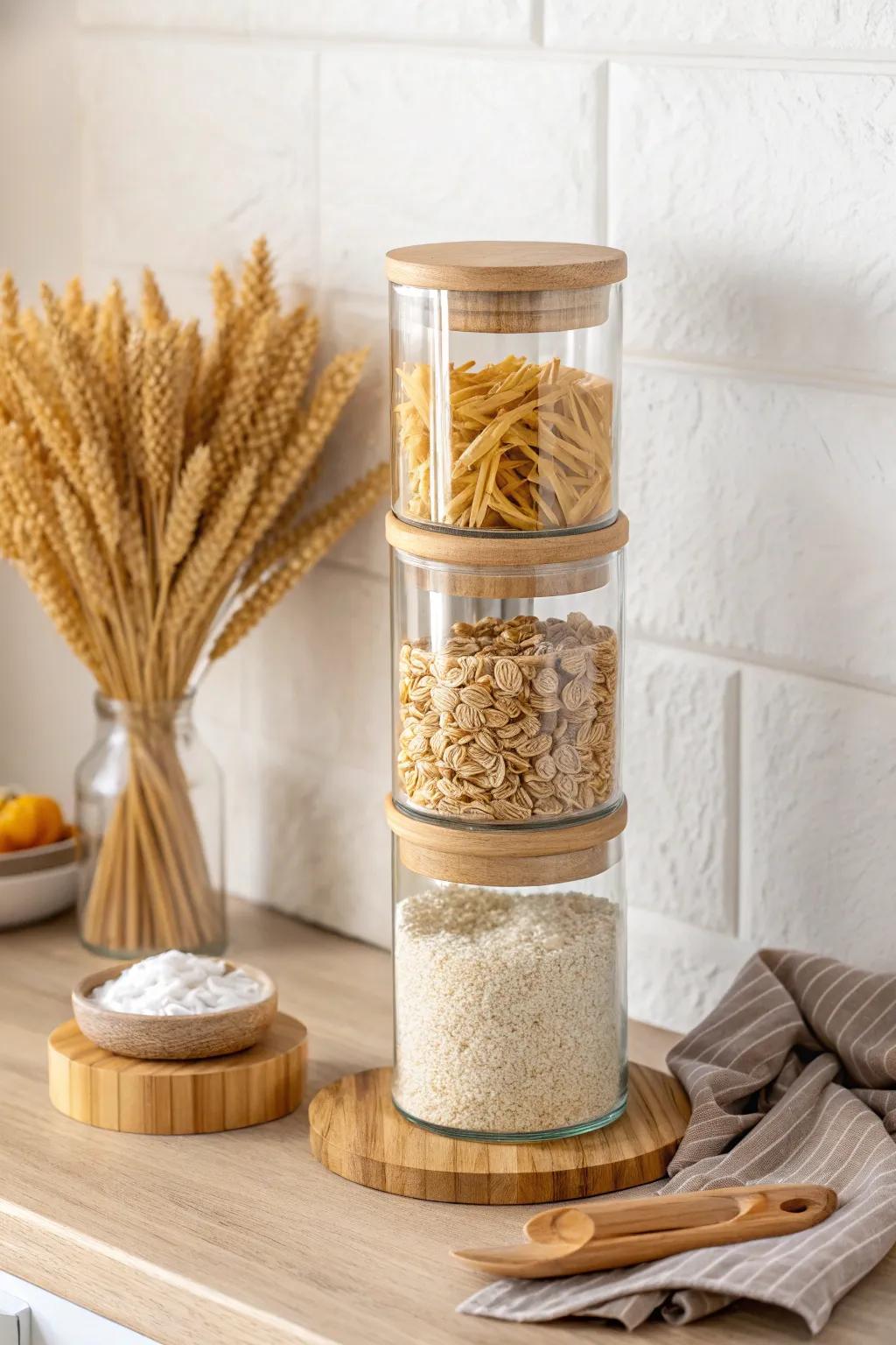 Stackable clear canisters turn pantry staples into a tidy, space-saving display.
