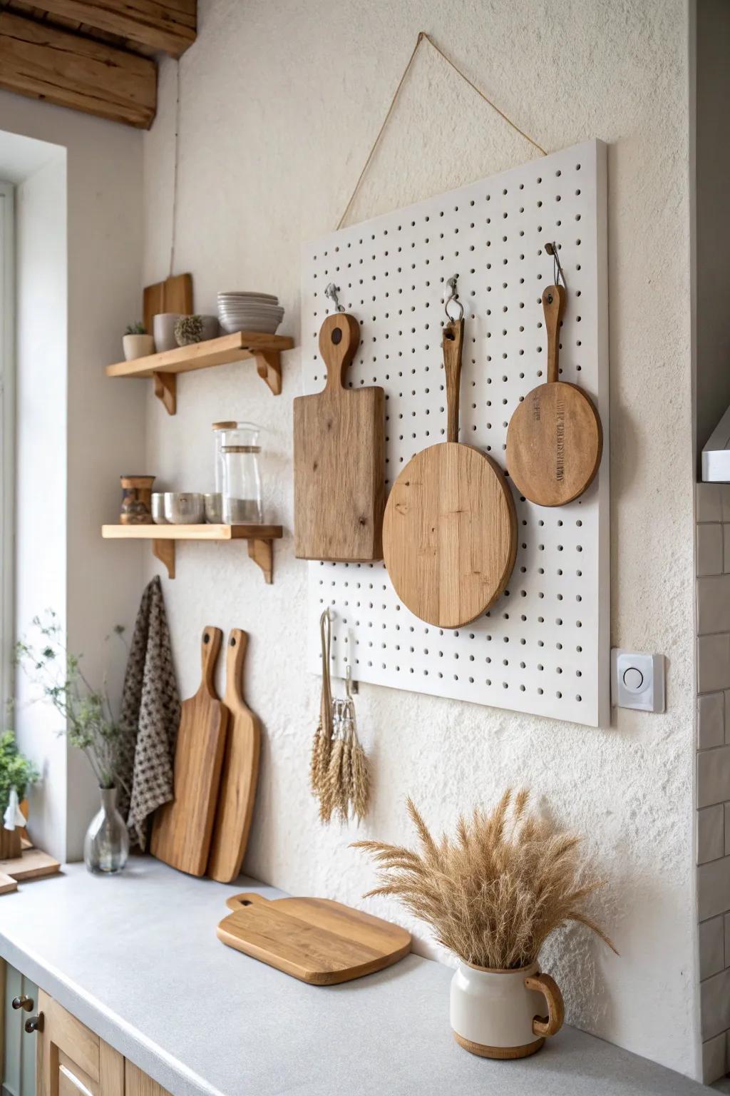 Warm wood cutting boards on a pegboard—pretty wall decor that frees up cabinet space.