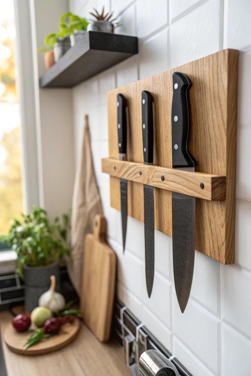 Swap the bulky knife block for a sleek magnetic strip—prep space and style in one.