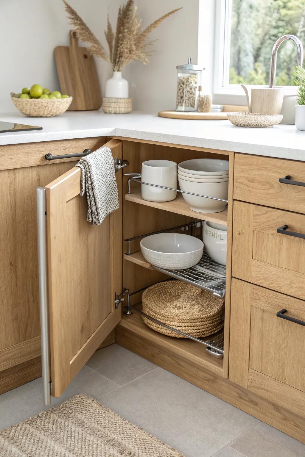 Make the corner work: a pull-out organizer brings every pot and bowl into easy reach.