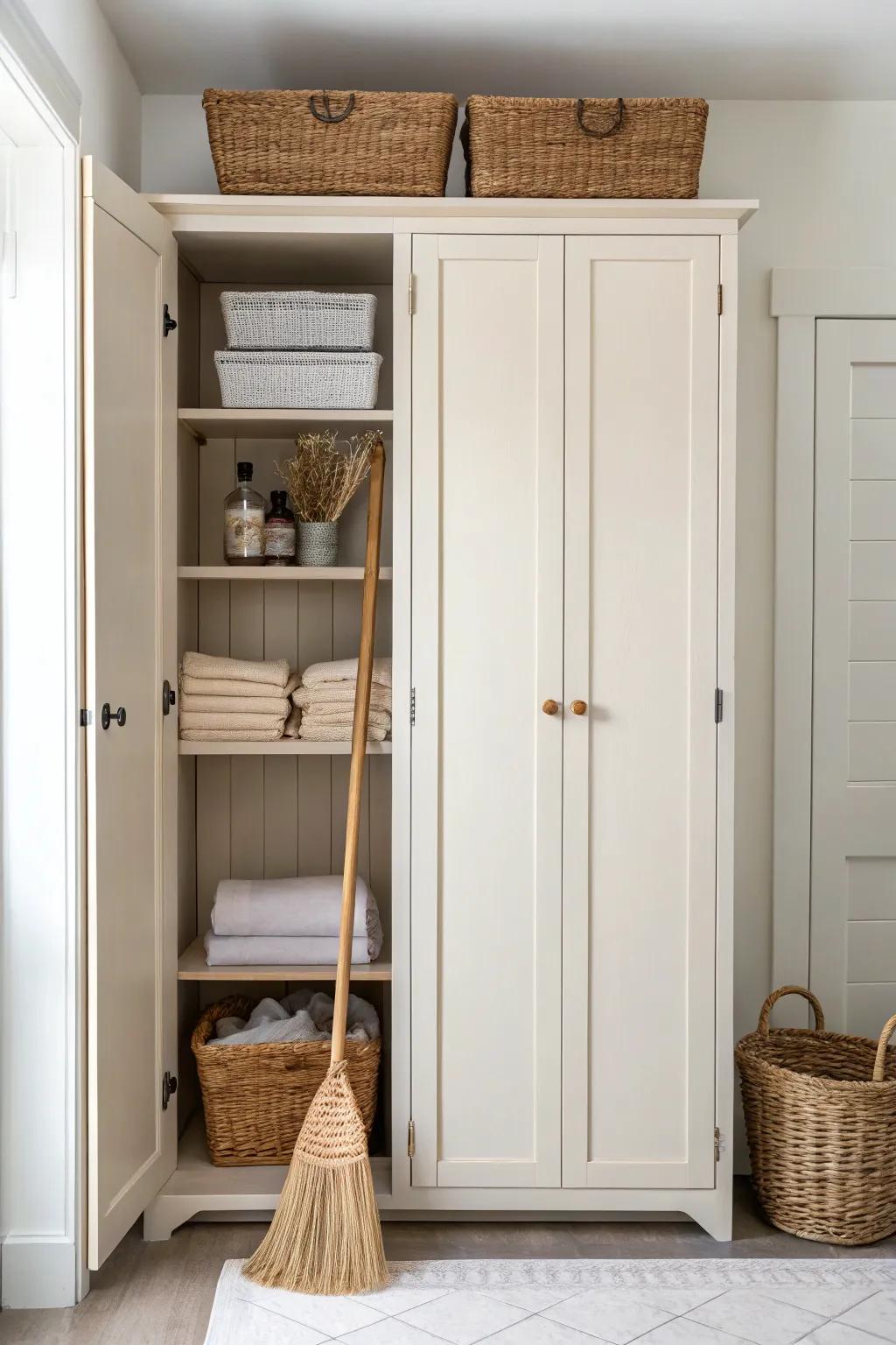 A tall, slim laundry cabinet that hides brooms and tools while keeping your space serene.