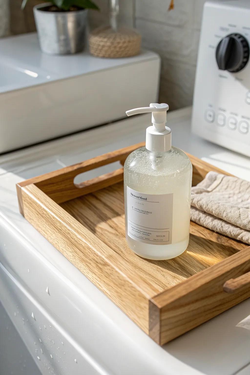 A simple wood tray keeps detergent drips contained—and makes wipe-downs effortless.